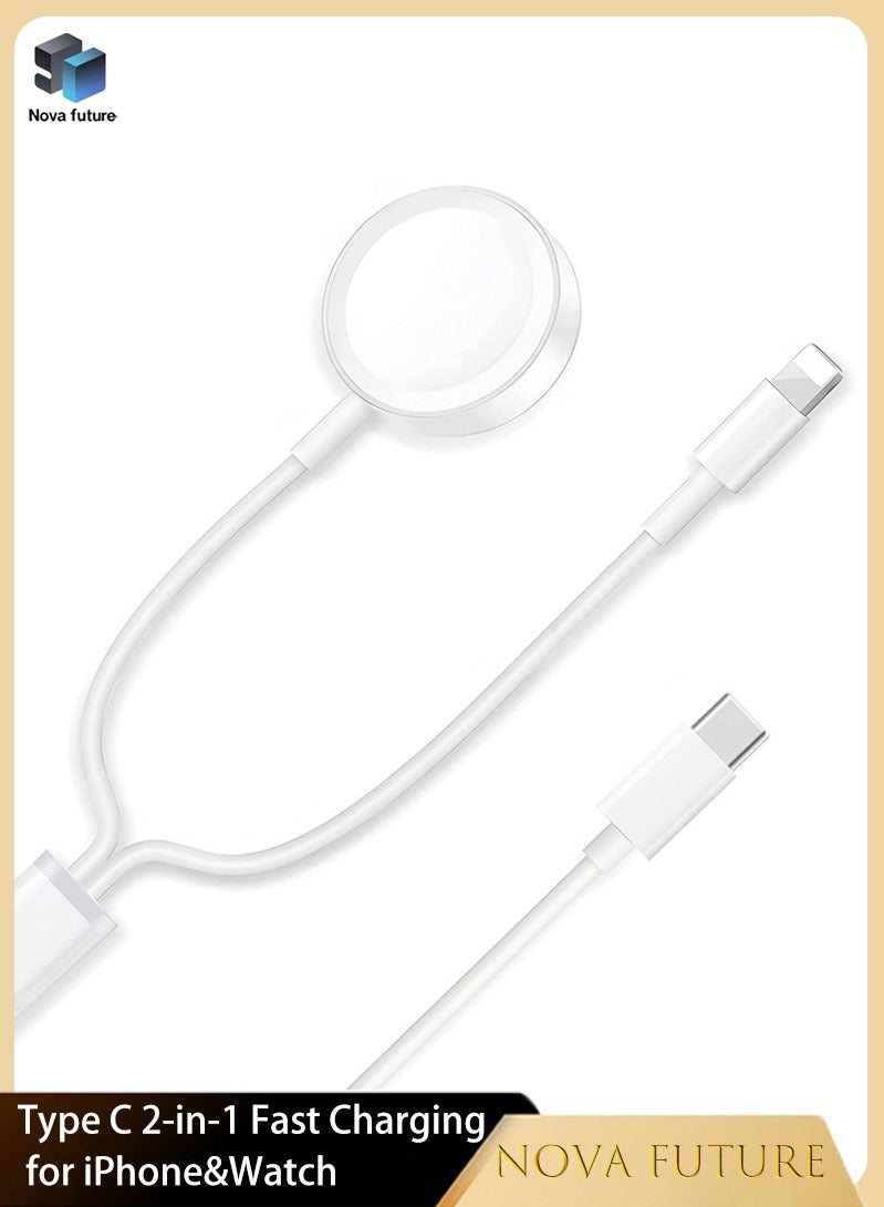 نوع C 2 في 1 شحن سريع للآيفون والساعة (1.8 متر) أبيض، كابل شاحن ممتاز، كابل مغناطيسي للساعة الذكية لسلسلة الساعات 10، 9، 8، 7، 6، 5، 4، 3، 2، 1، SE1، SE2 وiPhone 14/13/12/11 - Image 1